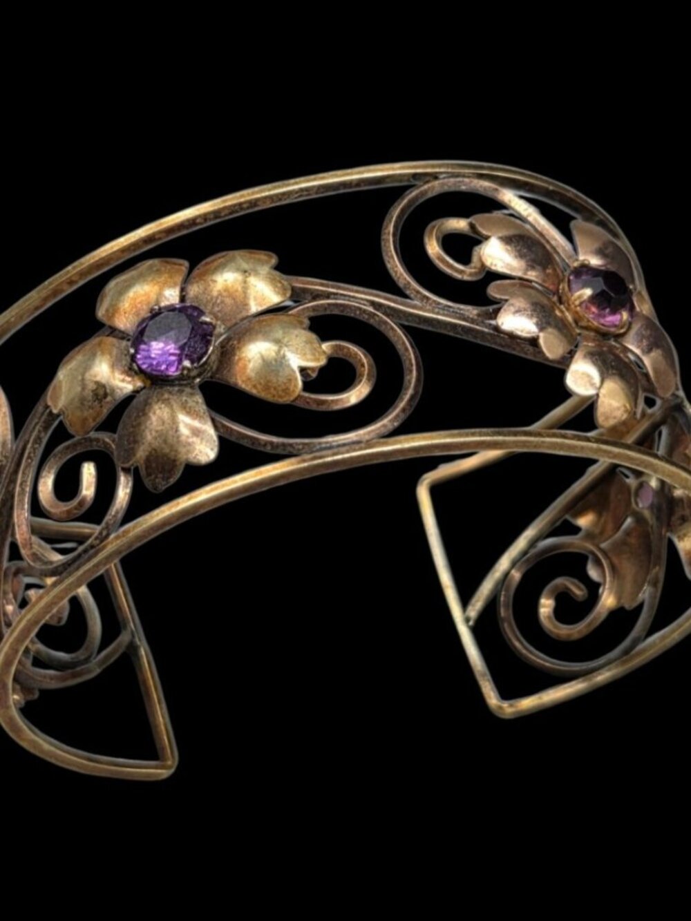 VTG Harper 1/20 12K Gold Filled Filigree Amethyst Flower Cuff Bracelet 6.5" - Picture 10 of 16